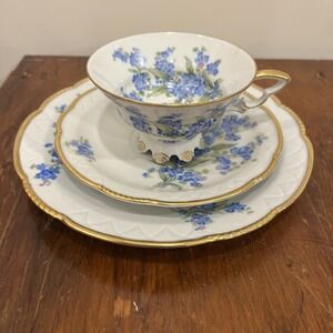 Mitterteich Bavaria Trio Teacup & Saucer & Side Plate Forget-me-not Blue Flower
